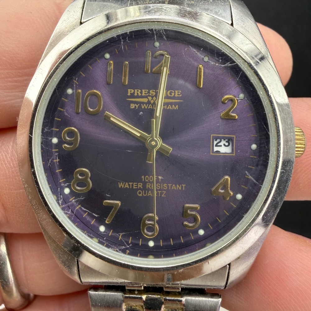 Vintage Prestige by Waltham Watch Purple Dial Date Silver Gold Tone UNTESTED